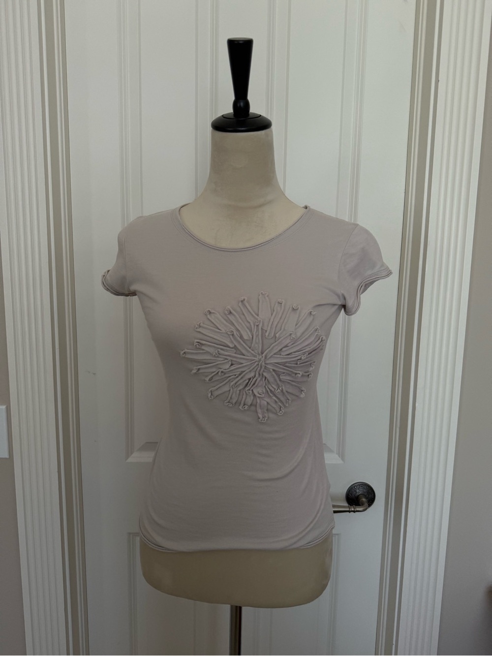 Cream Short Sleeve Crewneck Top with Textured Rosette Detail